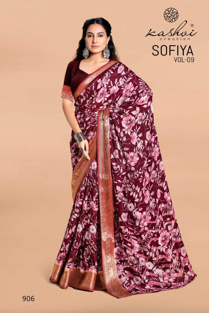 Sofiya Vol 9 By Kashvi Moss Zari Border Printed Saree Wholesale Shop In Surat